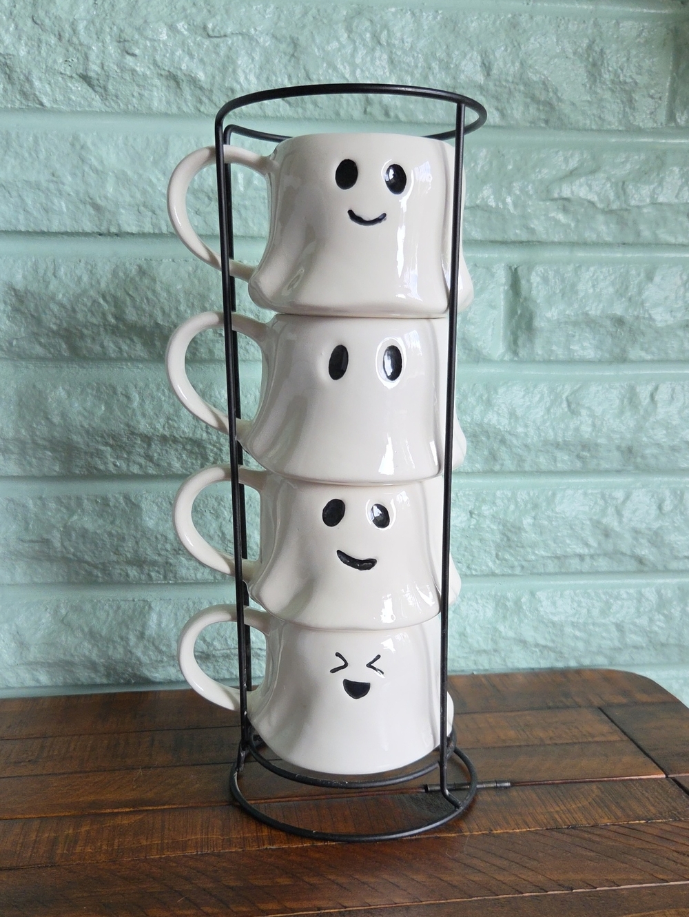 Celebrate Stackable Halloween Fall White Ghost Face Mugs Black Rack Set Of 4